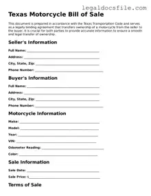 Valid Motorcycle Bill of Sale Template for the State of Texas