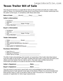 Valid Trailer Bill of Sale Template for the State of Texas