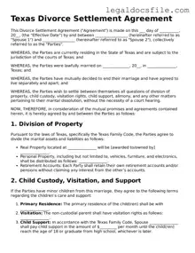 Valid Divorce Settlement Agreement Template for the State of Texas