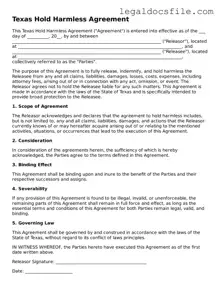 Valid Hold Harmless Agreement Template for the State of Texas