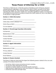 Valid Power of Attorney for a Child Template for the State of Texas