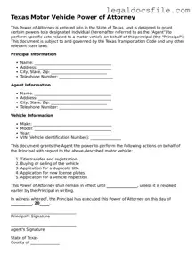 Valid Motor Vehicle Power of Attorney Template for the State of Texas