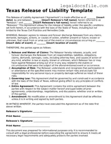 Valid Release of Liability Template for the State of Texas