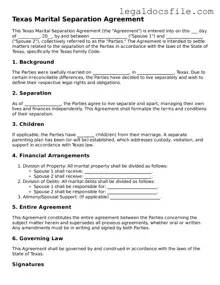 Valid Marital Separation Agreement Template for the State of Texas