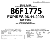 Printable Texas Temporary Tag Template in PDF