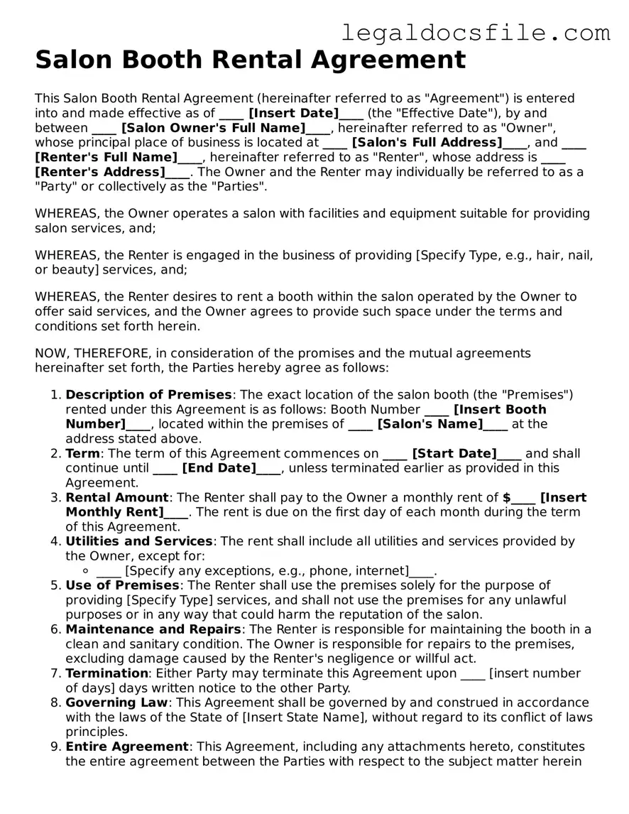 Printable Salon Booth Rental Agreement Document