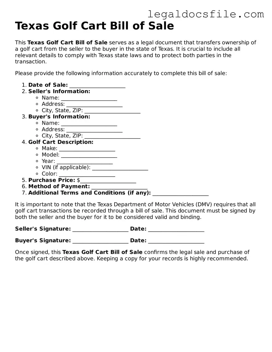 Valid Golf Cart Bill of Sale Template for the State of Texas