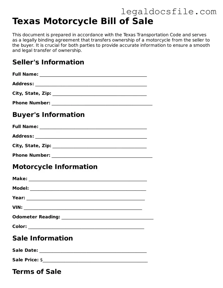 Valid Motorcycle Bill of Sale Template for the State of Texas