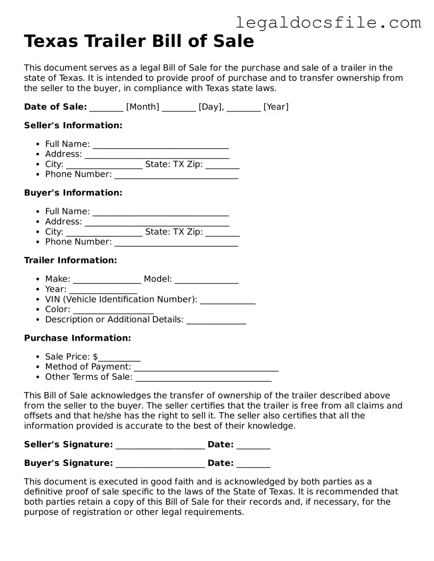 Valid Trailer Bill of Sale Template for the State of Texas