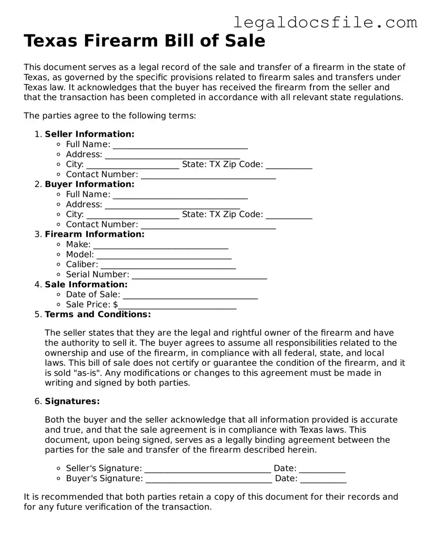 Valid Firearm Bill of Sale Template for the State of Texas