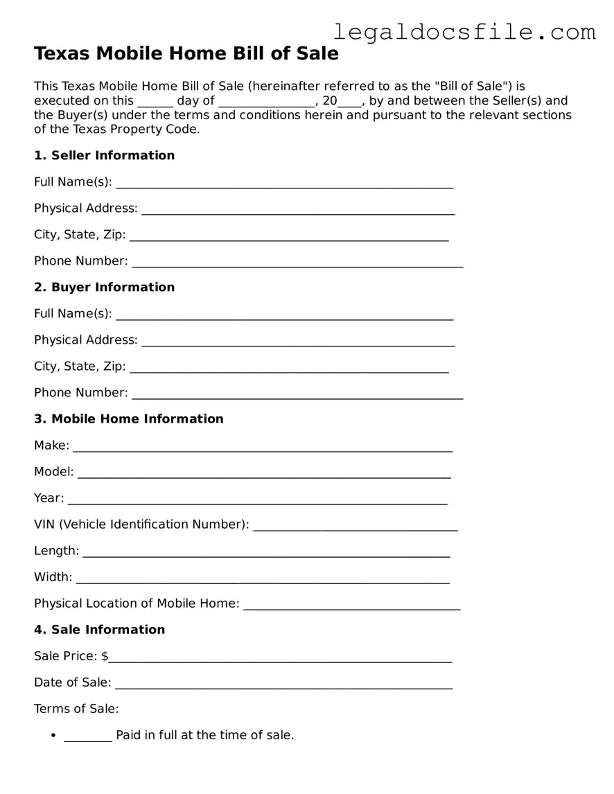 Valid Mobile Home Bill of Sale Template for the State of Texas