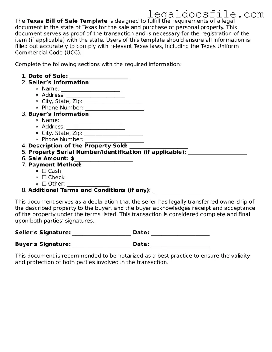 Valid Bill of Sale Template for the State of Texas