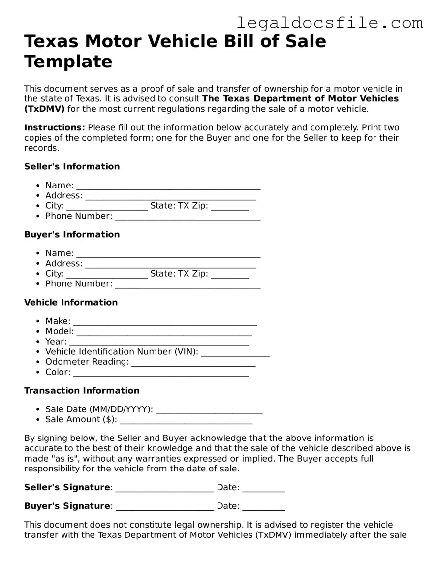 Valid Motor Vehicle Bill of Sale Template for the State of Texas