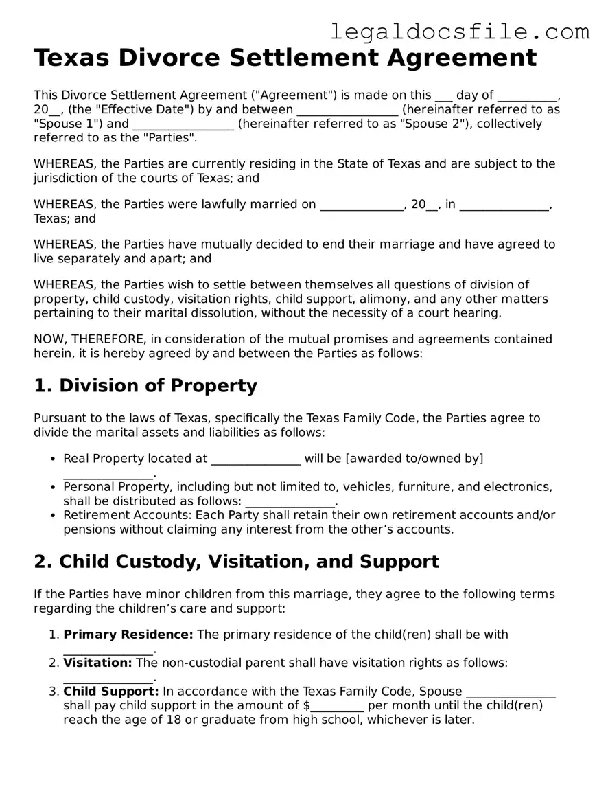 Valid Divorce Settlement Agreement Template for the State of Texas