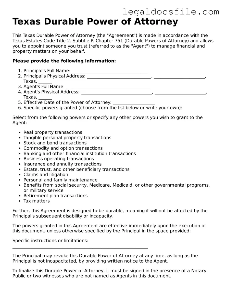 Valid Durable Power of Attorney Template for the State of Texas
