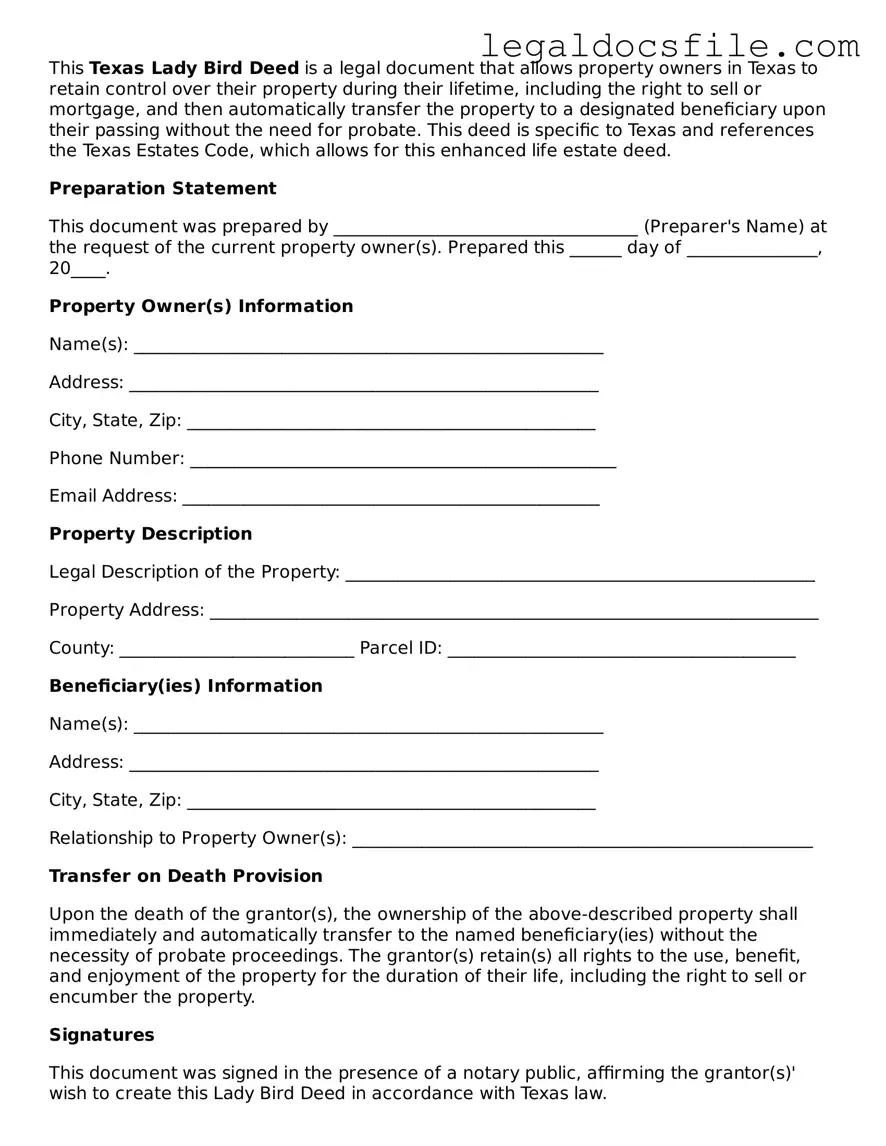 Valid Lady Bird Deed Template for the State of Texas