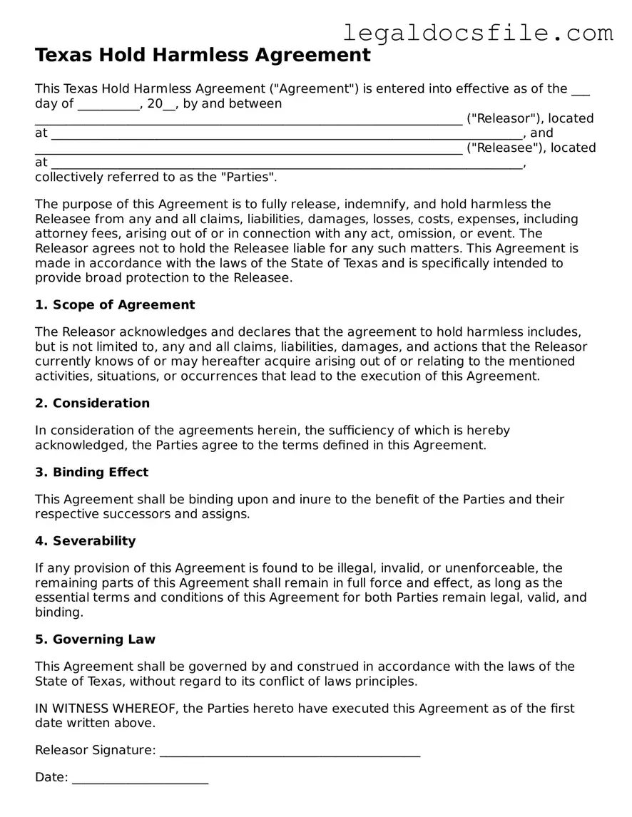 Valid Hold Harmless Agreement Template for the State of Texas