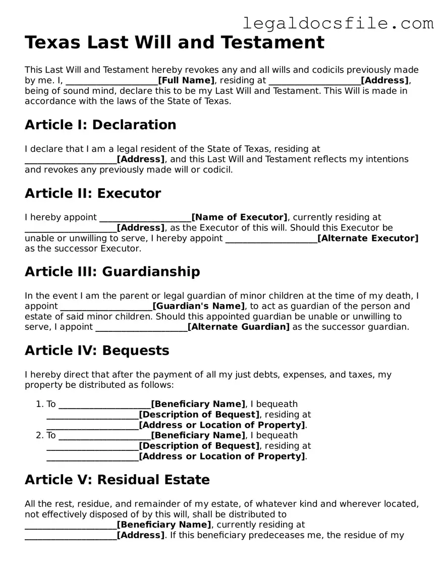 Valid Last Will and Testament Template for the State of Texas