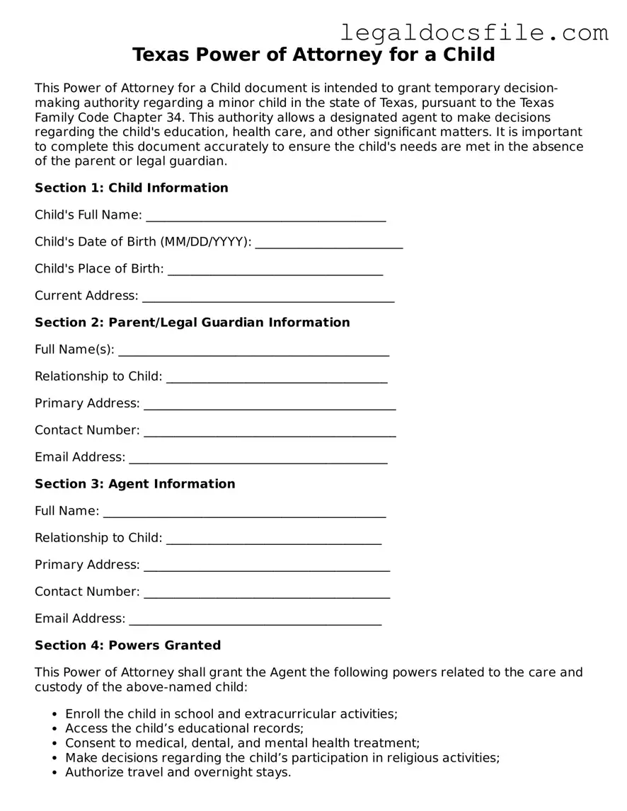 Valid Power of Attorney for a Child Template for the State of Texas