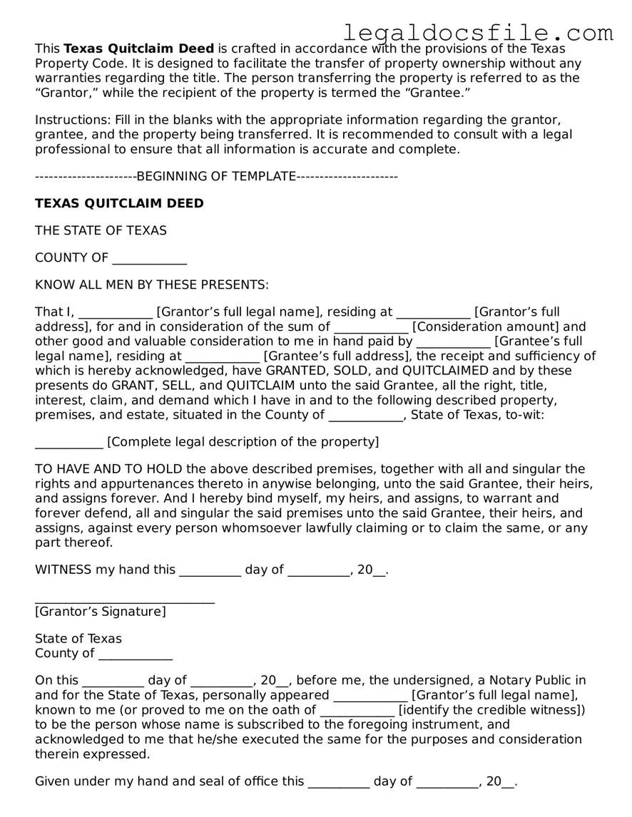 Valid Quitclaim Deed Template for the State of Texas