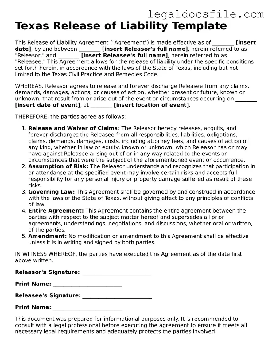 Valid Release of Liability Template for the State of Texas