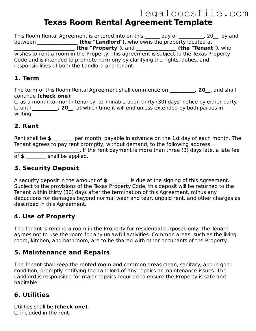 Valid Room Rental Agreement Template for the State of Texas