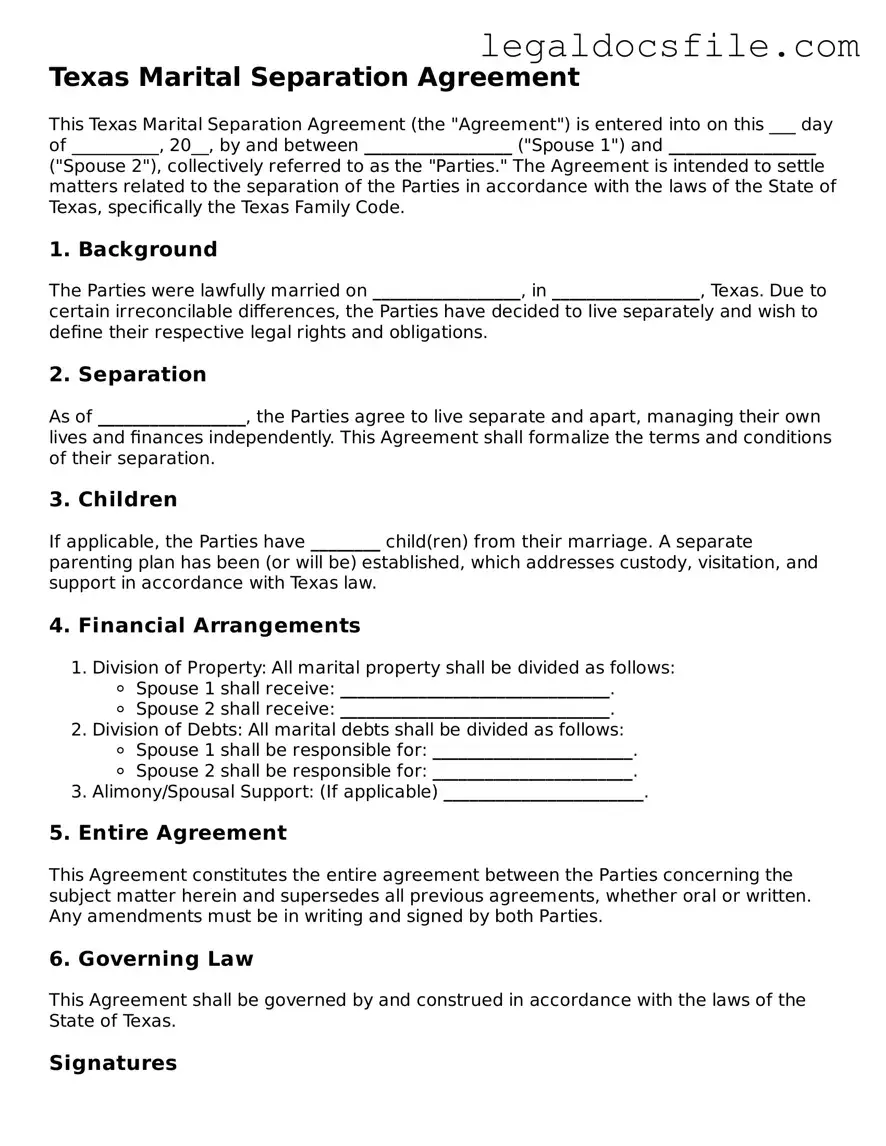 Valid Marital Separation Agreement Template for the State of Texas
