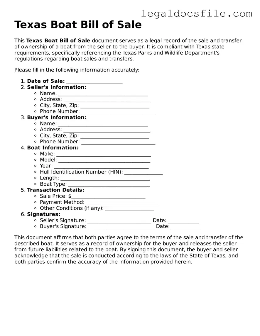 Valid Boat Bill of Sale Template for the State of Texas