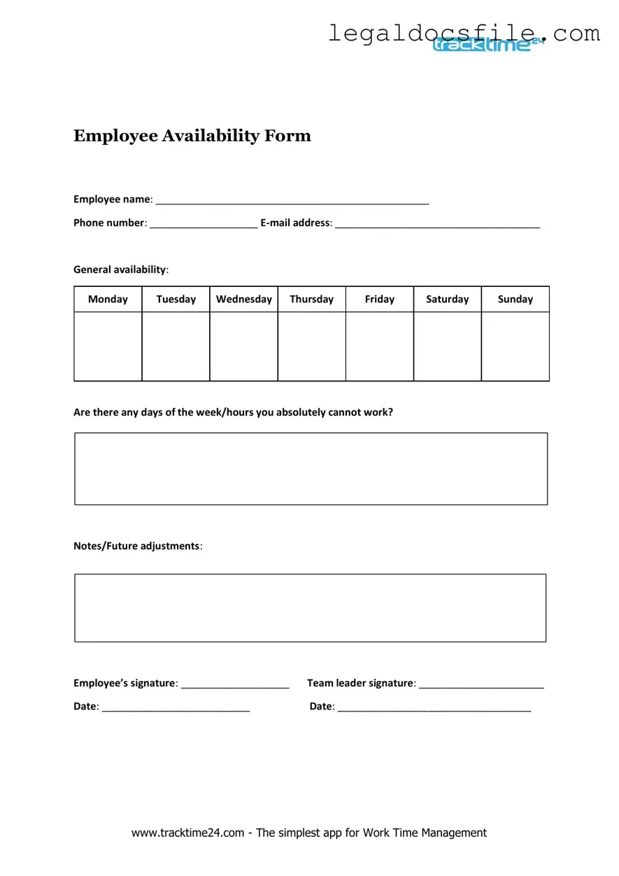 Printable Employee Availability Template in PDF