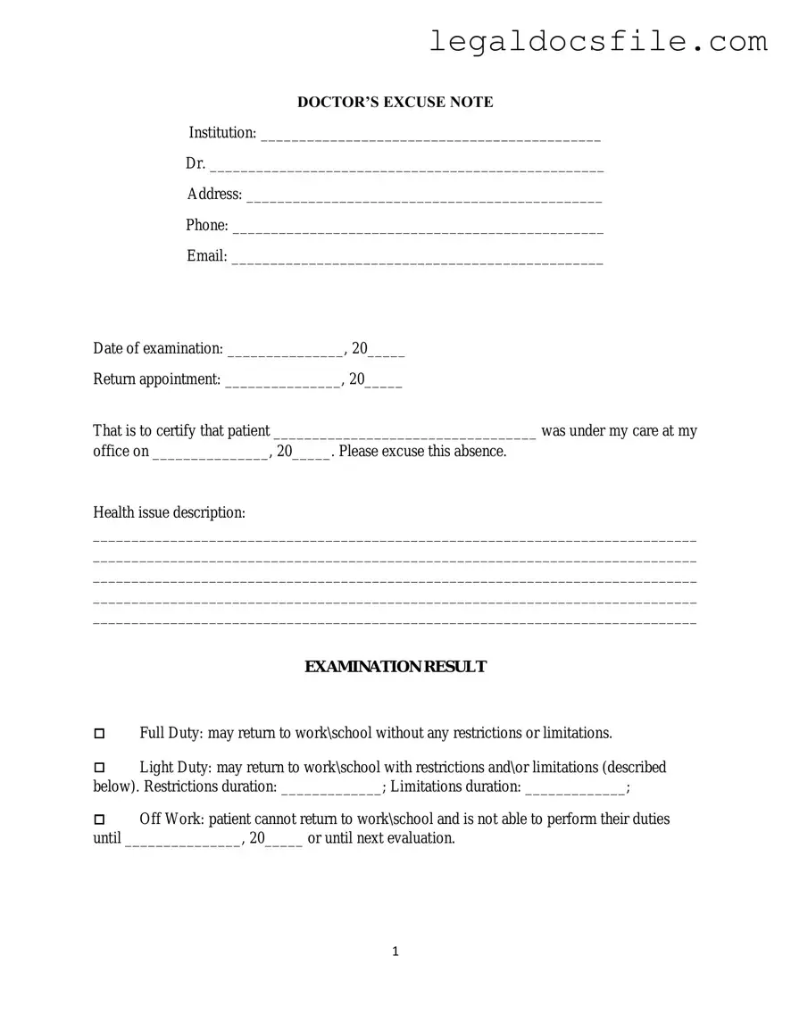Printable Doctors Excuse Note Template in PDF